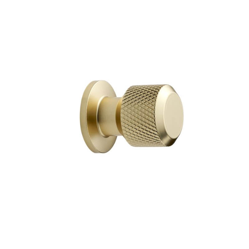 Gold finish round cabinet knob on plain grey background