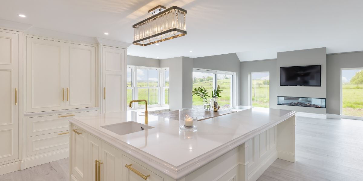 Stunning off white kitchen with Buster & Punch Brass kitchen cabinet handles